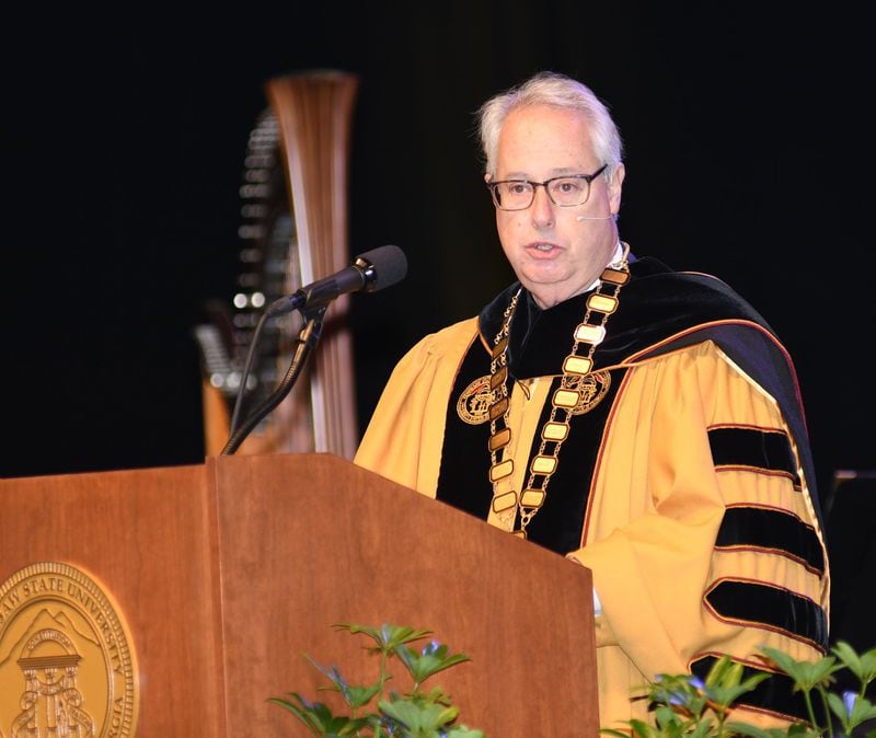 Kennesaw State University president Sam Olens speaks during the investiture ceremony at KSU on October 19, 2017. The ceremony came as Olens was under fire over cheerleaders kneeling during the national anthem. 