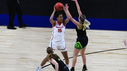 Georgia Lady Bulldogs center Maori Davenport (15) during the second round of the women's NCAA Tournament against Oregon at the Alamodome in San Antonio on Wednesday, March 24, 2021. (Photo by Charlie Blalock)
