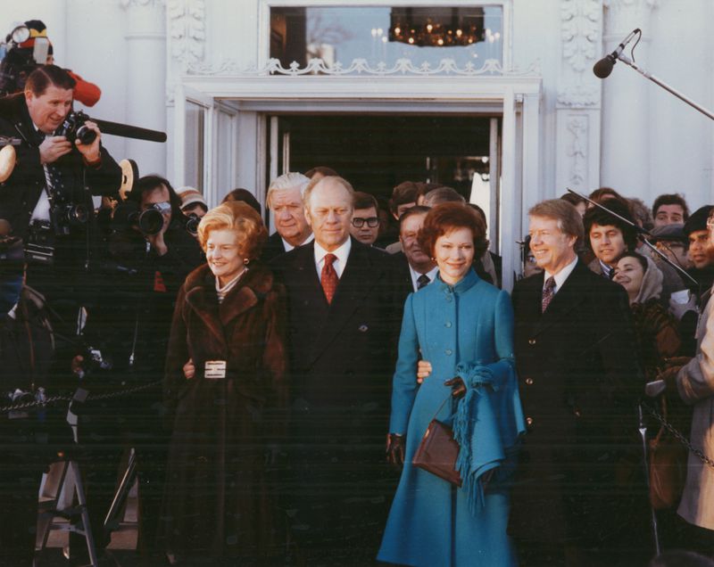 Outgoing President Gerald Ford  and his wife Betty are seen in this 1977 file photo with newly inaugurated President Jimmy Carter and his wife Rosalynn.  Once political rivals from different parties, the two men and their wives went on to form a close friendship over nearly three decades. 