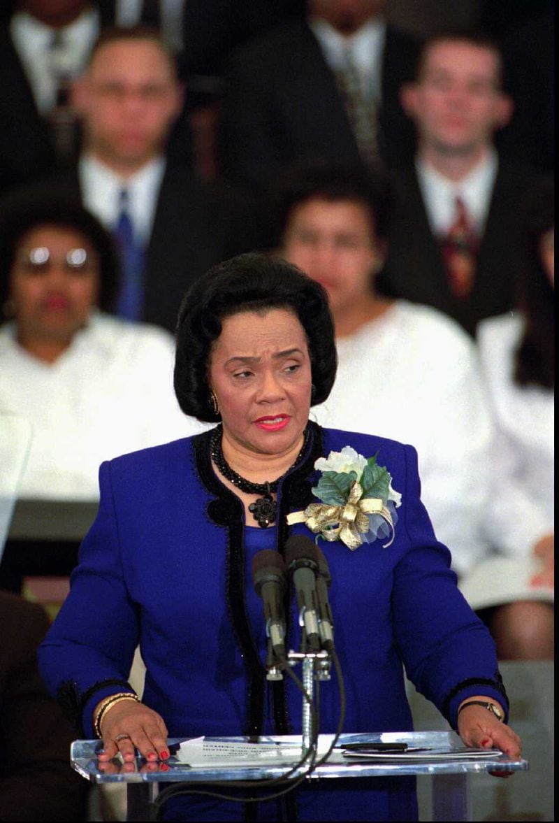 Coretta Scott King speaks at a commemorative service honoring her late husband at Ebenezer Baptist Church in Atlanta, Monday, Jan. 20, 1997. Coretta was instrumental in getting Martin Luther King Day accepted as a national holiday. (AP Photo/John Bazemore)