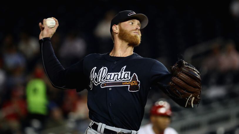Starting pitcher Mike Foltynewicz of the Braves throws to a Washington Nationals batter on Thursday night. (Photo by Rob Carr/Getty Images)