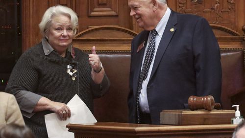 February 18, 2020 - Atlanta - Rep. Mary Margaret Oliver, D - Decatur, gives a thumbs up after conferring with house speaker David Ralston as the General Assembly returned for the 14th legislative day.    Bob Andres / robert.andres@ajc.com