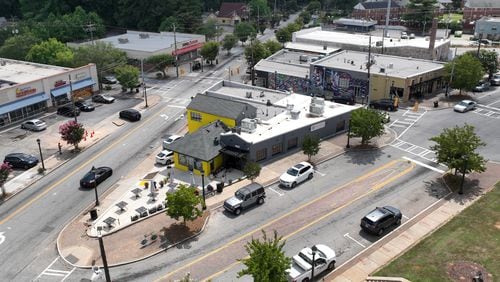 Aerial photograph of the triangular land parcel where Oreatha's At The Point (gray building on the right) is located on Cascade Road in Cascade Heights. (Hyosub Shin / Hyosub.Shin@ajc.com)