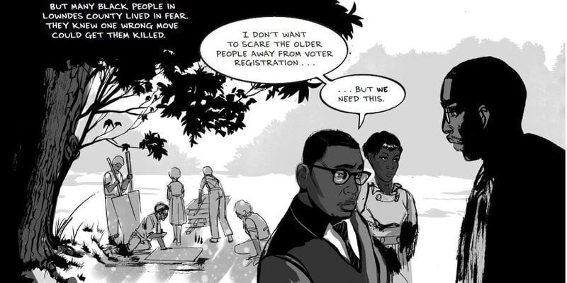 The new graphic memoir, “Run,” by Rep. John Lewis is illustrated by Stone Mountain artist Afua Richardson. The book begins in 1965, just after the Voting Rights Act is passed, and demonstrates that the fight for civil rights isn’t over. The first volume is due next year, but Richardson recently received some samples of advance pages from the publisher. CONTRIBUTED BY ABRAMS COMIC ARTS