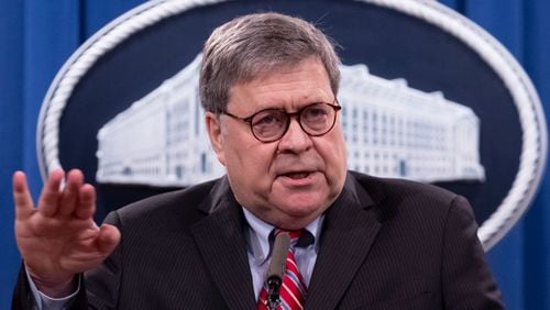 Then-U.S. Attorney General Bill Barr holds a news conference at the Department of Justice December 21, 2020 in Washington, D.C. (Michael Reynolds/Pool/Getty Images/TNS)