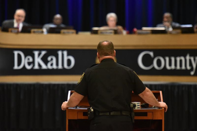 DeKalb Police Chief James Conroy stands before commissioners during DeKalb County Commission meeting on Tuesday, Dec. 5, 2017. The DeKalb Board of Commissioners voted 7-0 Tuesday to delay a decision until next week on whether to cut off alcohol service at 2 a.m. in unincorporated areas. Commissioners asked county police to compile crime statistics surrounding late-night bars before reducing their hours. HYOSUB SHIN / HSHIN@AJC.COM