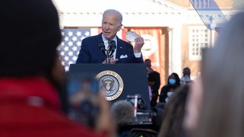 President Joe Biden speaks about voting rights during at Clark Atlanta University on Tuesday, Jan. 11, 2022.  Ben Gray for the Atlanta Journal-Constitution