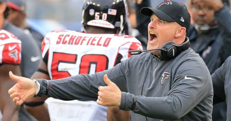 102515 NASHVILLE: -- Falcons head coach Dan Quinn reacts to a defensive stop against the Titans during the second half on the way to a 10-7 victory in a football game on Sunday, Oct. 25, 2015, in Nashville. Curtis Compton / ccompton@ajc.com