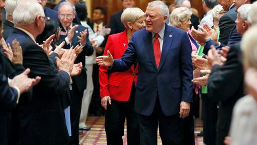 Gov. Nathan Deal and First Lady Sandra Deal are greeted with a standing ovation as they enter the House where Deal addressed them for his last Sine Die.  Thursday was the 40th and final day of the 2018 General Assembly.    BOB ANDRES  /BANDRES@AJC.COM