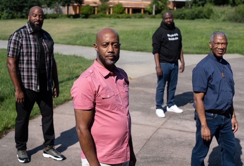 Anthony Antoine (from left), Craig Washington, Charles Stephens and the Rev. Duncan Teague were all members of the Second Sunday group that met from the early '90s to the early 2000s near the Historic Fourth Ward Park, where a historical marker will be erected. Ben Gray/For the AJC