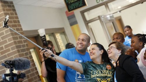 On the first day of the 2018-2019 school year, Atlanta Public Schools Superintendent Meria Carstarphen, center, posted for a selfie with board Chairman Jason Esteves and board member Cynthia Briscoe Brown. A year later, Esteves and Briscoe Brown were among the board members who decided not to extend Carstarphen’s contract. BOB ANDRES /BANDRES@AJC.COM