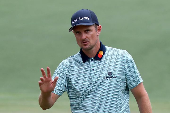 April 9, 2021, Augusta: Justin Rose reacts to a birdie on the sixteenth hole during the second round of the Masters at Augusta National Golf Club on Friday, April 9, 2021, in Augusta. Curtis Compton/ccompton@ajc.com