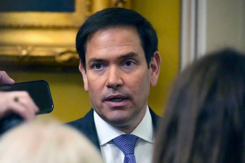 FILE - Sen. Marco Rubio, R-Fla., speaks with members of the media, Wednesday, Feb. 28, 2024, at the Capitol in Washington. (AP Photo/Mark Schiefelbein, File)