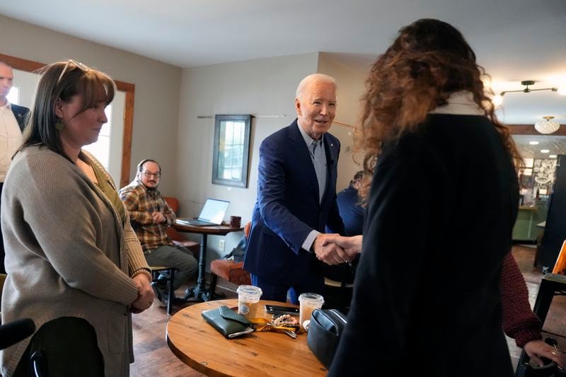 President Joe Biden greets patrons at Zummo's Coffee Shop, Wednesday morning, April 17, 2024, in Scranton, Pa. (AP Photo/Alex Brandon)