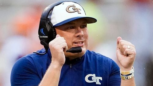 Georgia Tech head coach Geoff Collins reacts after a Tech field goal in the first half  against Clemson, Saturday, Sept. 18, 2021, in Clemson, S.C. (John Bazemore/AP)
