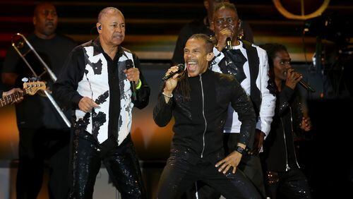 (L-R) Ralph Johnson, B. David Whitworth and Philip Bailey of Earth, Wind and Fire perform during Classic Open Air at Gendarmenmarkt on July 9, 2018 in Berlin, Germany.  (Photo by Adam Berry/Getty Images)