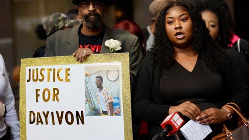 Sonya Marqis (right) speaks to the media during a press conference demanding justice for the death of her nephew Dayvion Blake, who died at the Fulton County Jail after being stabbed on August 31, 2023,
Miguel Martinez /miguel.martinezjimenez@ajc.com