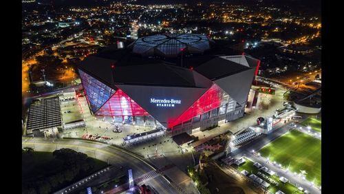 Mercedes-Benz Stadium is seen in this aerial photo in Atlanta. The stadium will be the site of Super Bowl LIII on Sunday, Feb. 3, 2019. Legions of police and federal agents will be protecting the stadium as Atlanta hosts Super Bowl 53.