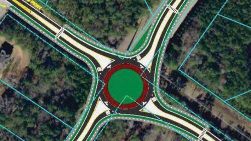 A roundabout planned for the intersection of Redwine Road and Peachtree Parkway/Bernhard Road is meant to relieve frequent backups and improve flow. Courtesy Fayette County