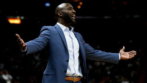 Head coach Lloyd Pierce of the Atlanta Hawks reacts against the Miami Heat during the second half at American Airlines Arena on November 27, 2018 in Miami, Florida.