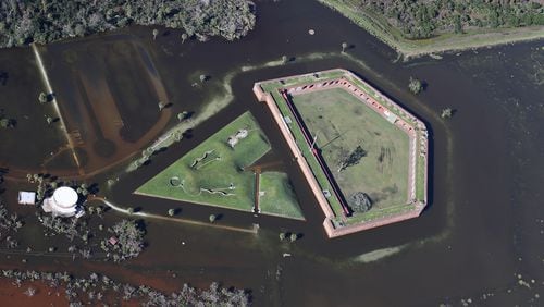 The historic Fort Pulaski National Monument is surrounded by flood waters after Hurricane Irma  near Savannah on the Georgia coast. The monument preserves Fort Pulaski, where in 1862 during the American Civil War, the Union Army successfully tested rifled cannon in combat, the success of which rendered brick fortifications obsolete. The fort was also used as a prisoner-of-war camp.   Curtis Compton/ccompton@ajc.com