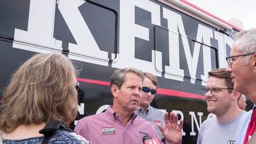 Republican candidate for governor Brian Kemp answers press questions during a campaign stop in Jasper on Monday. ALYSSA POINTER/ALYSSA.POINTER@AJC.COM