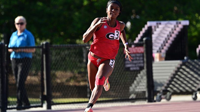 Destiny Jackson runs during the Torrin Lawrence Memorial at Spec Towns Track in Athens, Ga., on Friday, April 29, 2022.  (photo by Rob Davis/UGA Athletics)