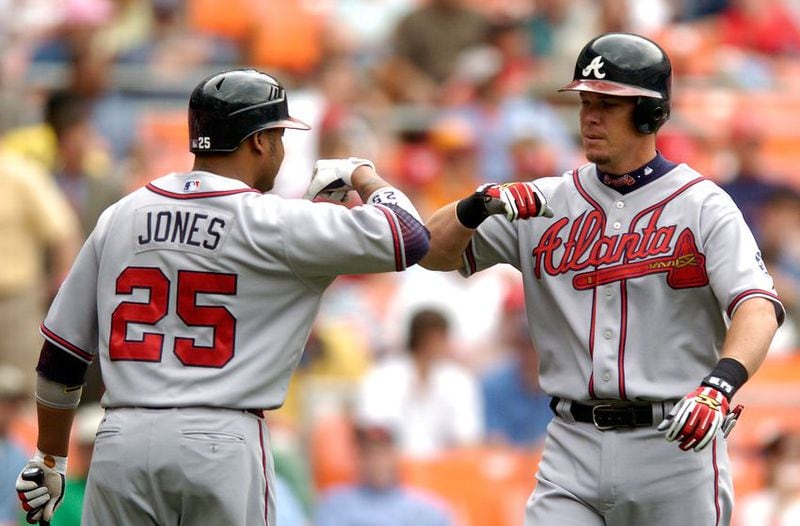  Andruw Jones (left) gets a forearm bump from Chipper Jones back when the Jones boys were a dangerous combo in the middle of the Braves order. (Getty Images)