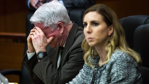 Tex McIver (L) listens to Dr. Susanne Hardy of Emory Hospital testify on Day 4 of his murder trial in Fulton County courtroom on Friday, March 16, 2018. STEVE SCHAEFER / SPECIAL TO THE AJC