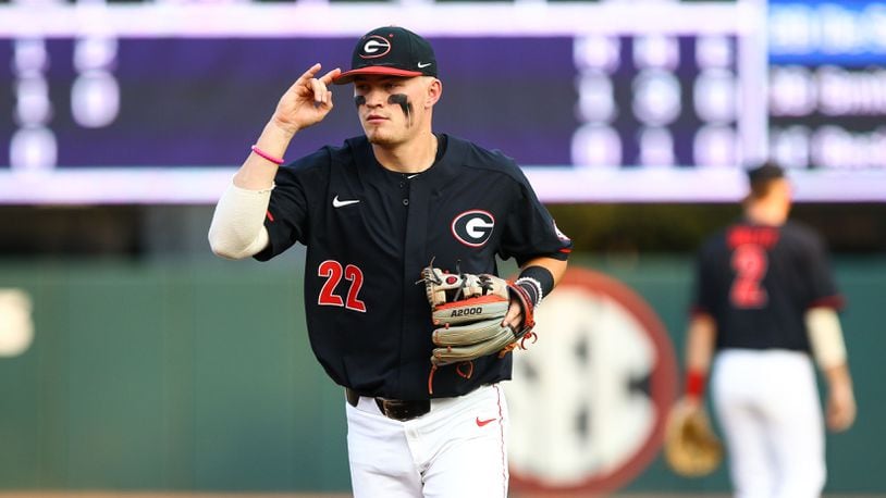 Georgia infielder Aaron Schunk (22) celebrates two outs during an NCAA regional game against  Florida State Saturday, June 1, 2019, in Athens.