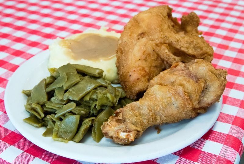 Fried chicken at Matthews Cafeteria, served here with green beans, mashed potatoes and gravy, is available every day. That’s not true for all the dishes. CONTRIBUTED BY HENRI HOLLIS