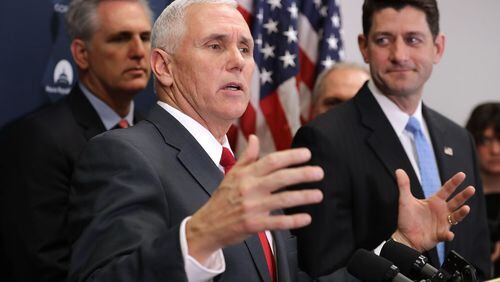 WASHINGTON, DC - JANUARY 04:  U.S. Vice President-elect Mike Pence (2nd L) joins House GOP Majority Leader Kevin McCarthy (R-CA) (L) and Speaker of the House Paul Ryan (R-WI) for a news conference following a House Republican conference meeting at the U.S. Capitol  January 4, 2017 in Washington, DC. Pence met with GOP members to talk about a plan for repealing and replacing Obamacare.  (Photo by Chip Somodevilla/Getty Images)