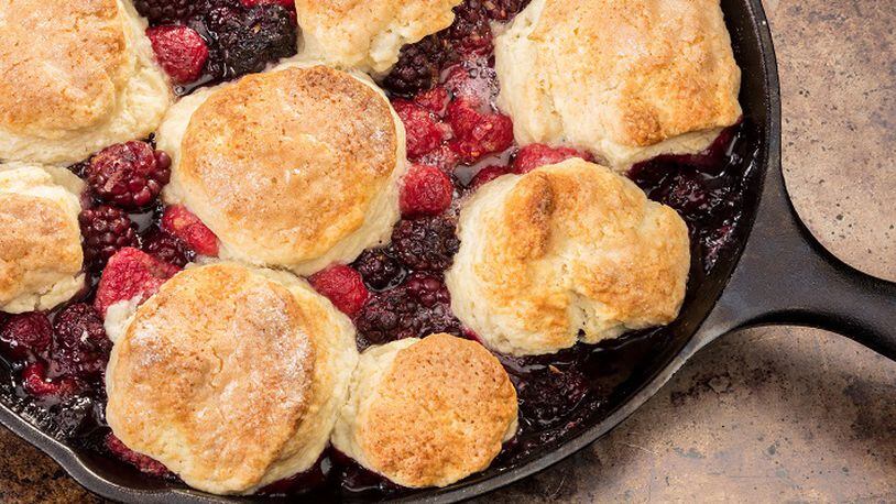 A mix of cake and all-purposes flours, along with baking powder, subs for self-rising flour to make the biscuit topping in this skillet cobbler recipe. (Food styling by Joan Moravek.) (Zbigniew Bzdak/Chicago Tribune/TNS)