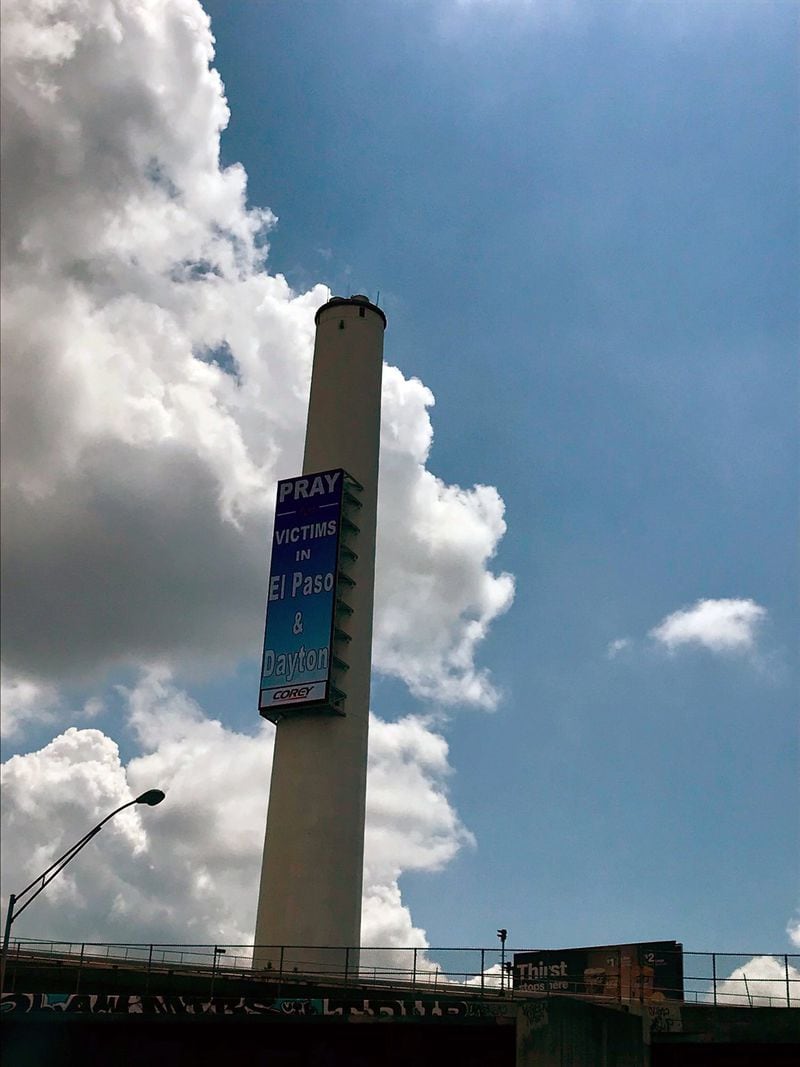The downtown digital billboard off of I-75 in Atlanta on Aug. 5, 2019, recognized the victims of the El Paso and Dayton mass shootings.