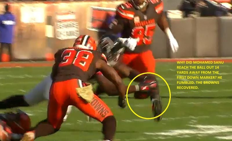 Falcons wide receiver Mohamed Sanu carelessly reaches the ball out. It was knocked out of his hands and recovered by the Browns.