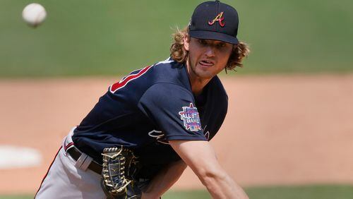 Braves starting pitcher Mike Soroka delivers in the sixth inning of a spring training game against the Boston Red Sox Tuesday, March 30, 2021, in Fort Myers, Fla. Soroka was making his first appearance of the spring after tearing his Achilles tendon last August. (John Bazemore/AP)