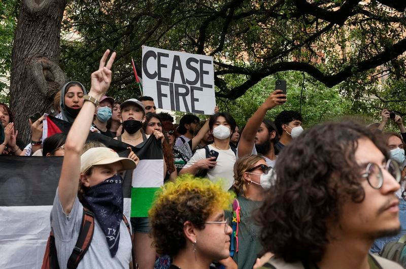 Students participate in a pro-Palestinian protest at the University of Texas, Wednesday, April 24, 2024. (Austin American-Statesman via AP)