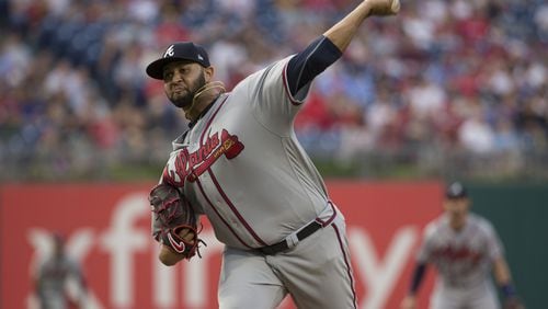 Luiz Gohara of the Atlanta Braves throws a pitch in the bottom of the first inning against the Philadelphia Phillies at Citizens Bank Park on May 23, 2018 in Philadelphia, Pennsylvania.