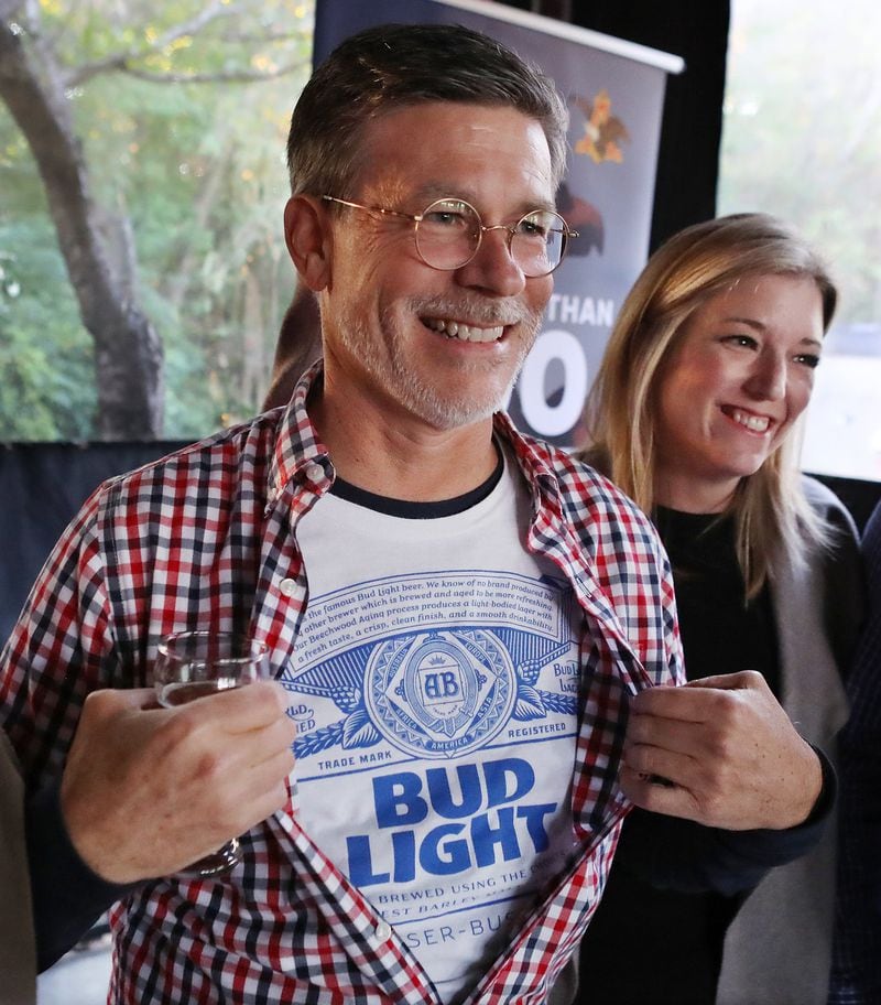 Rep. Brett Harrell hoped his Bud Light T-shirt might curry some favor with the judges. Neither he nor Sen. Jen Jordan took first prize in the competition. Curtis Compton/ccompton@ajc.com 
