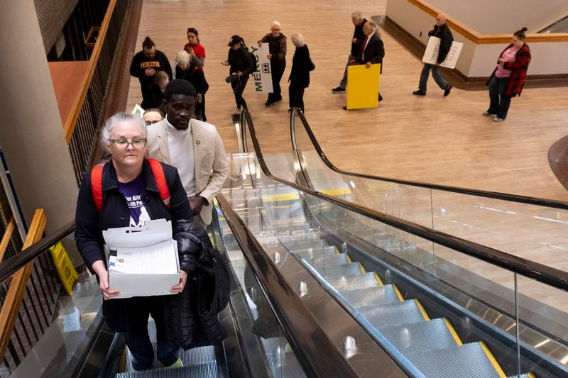 Dr. Cathy Harmon-Christian, executive director of Georgians for Alternatives to the Death Penalty, leads a group to deliver a petition to commute Willie James Pye’s death sentence in Atlanta on Monday, March 18, 2024.   (Ben Gray / Ben@BenGray.com)