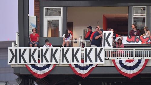 Braves pitchers' strikeouts are tallied in SunTrust Park's Home Depot Clubhouse Friday, Oct. 4, 2019, in Atlanta.