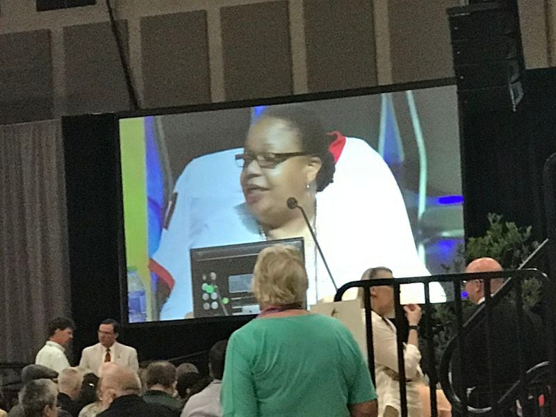 Bishop Robin Dease presides over the 2023 annual meeting of the North Georgia Conference of the United Methodist Church.