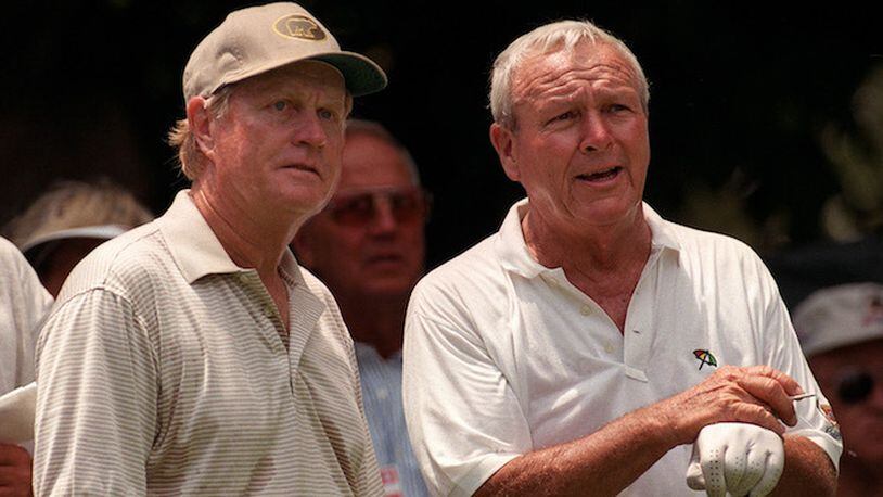 Jack Nicklaus, left, and Arnold Palmer chat before teeing off on the 9th tee during their practice round on July 22, 1998, before the U.S. Senior Open at the Riviera Country Club in Pacific Palisades, Calif. (Anacleto Rapping/Los Angeles Times/TNS)