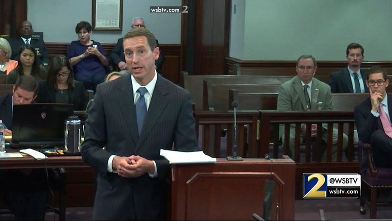 Prosecutor Jesse Evans cross examines digital forensics expert Scott Moulton about the data found on Justin Ross Harris' devices, during Harris' murder trial at the Glynn County Courthouse in Brunswick, Ga., on Friday, Nov. 4, 2016. (screen capture via WSB-TV)