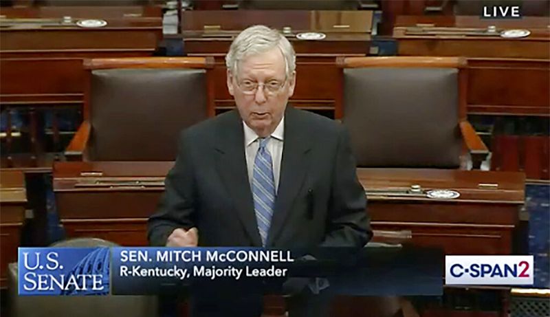 Senate Majority Leader Mitch McConnell of Ky., speaks on the Senate floor, Friday, May 15, 2020 at the Capitol in Washington. (Senate TV/C-Span2 via AP)