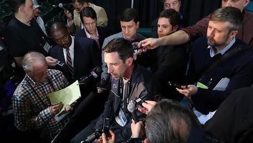 January 30, 2017, Houston: Kyle Shanahan is surrounded by reporters asking questions about his future during Super Bowl Opening Night on Monday, Jan. 30, 2017, at Minute Maid Park in Houston. Curtis Compton/ccompton@ajc.com