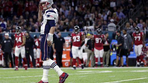 Tom Brady reacts during the first half of the NFL Super Bowl 51 football game against the Atlanta Falcons Sunday, Feb. 5, 2017, in Houston. (AP Photo/Matt Slocum)