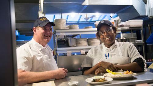 The chefs Ned Baldwin, left, and Mashama Bailey at the Houseman restaurant in New York, April 20, 2016. (Evan Sung/The New York Times)