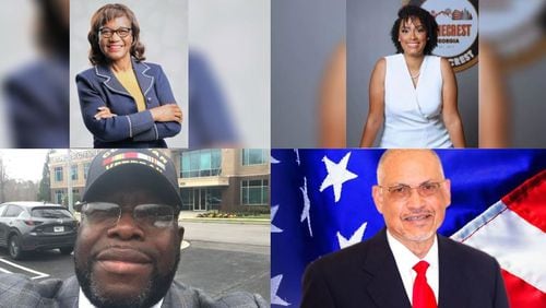 Diane Adoma (top, left), Jazzmin Cobble (top, right), Kirby Frazier (bottom, left) and Charles Hill Sr. (bottom, right) are all candidates in a special election for the mayor of Stonecrest.