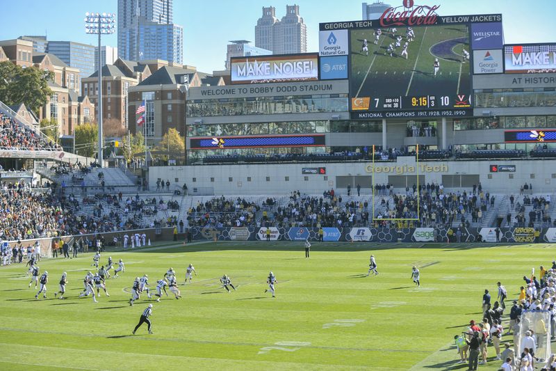 A proposed idea for a weight-room renovation for Georgia Tech would remove part or all of the south stands of Bobby Dodd Stadium (beneath the video board) and replace it with an expanded weight room. SPECIAL/Daniel Varnado